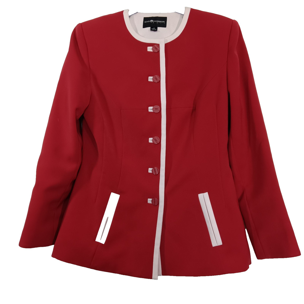 Sag Harbor Women's 2Pc Jacket & Skirt Suit Red w/White Trim, Sz 10, Lined, Chic